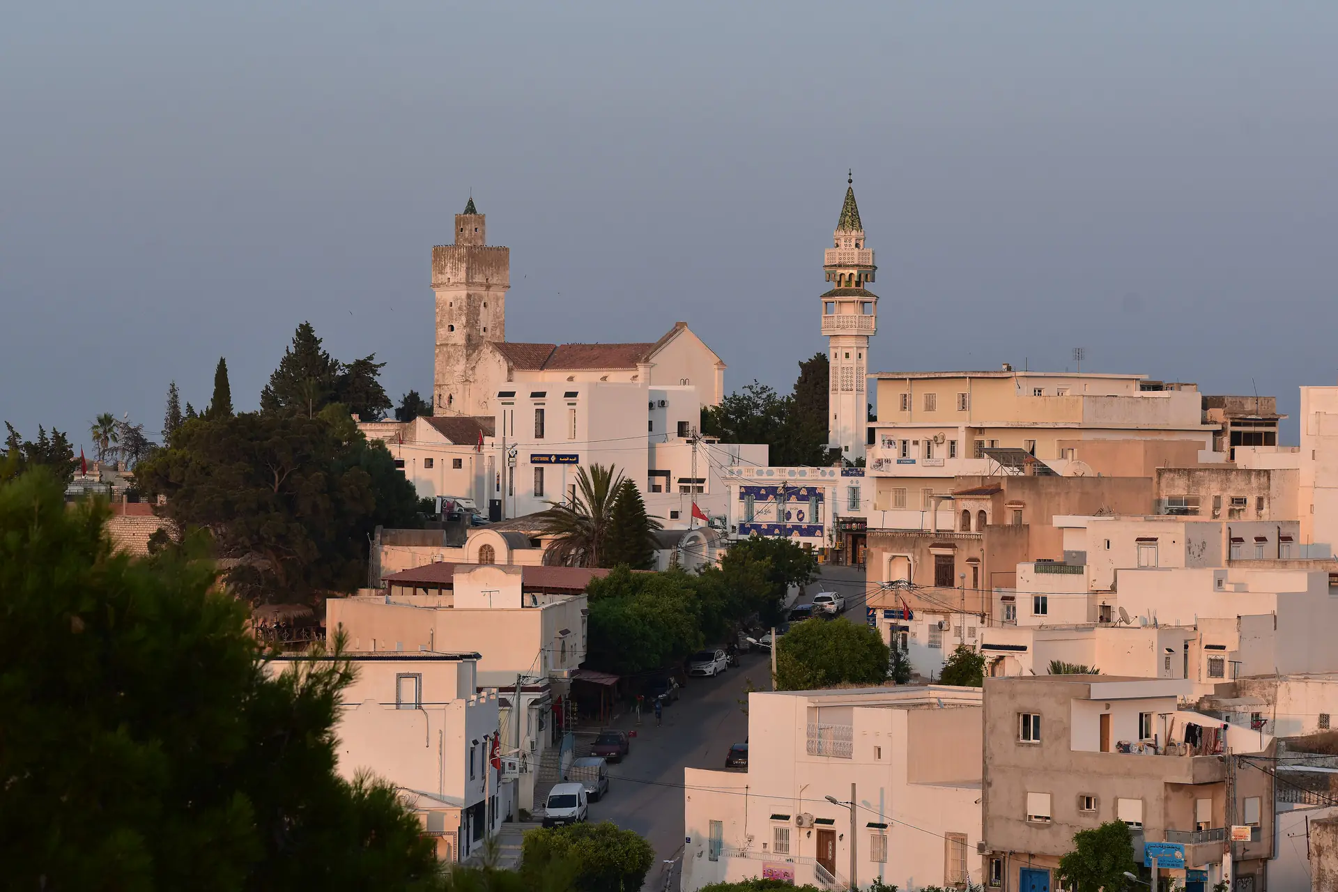 Rooftops, a minaret and the old church tower of Zaghouan town